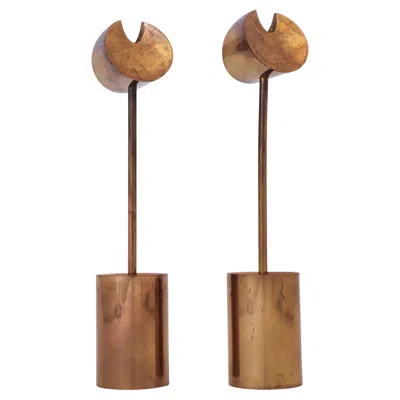 Pre-owned Pierre Forsell A Pair Of Brass Candlesticks - "aniara" Design  - Skultuna In Brown