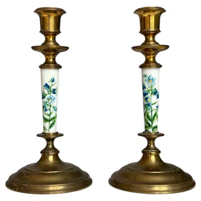 Pre-owned Pierre Forssell Vintage Skultuna Brass And Porcelain Candle Holders, Sweden, 1950s In Brown
