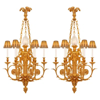 Pre-owned Pierre Gouthiere French 19th Century Louis Xvi St. Ormolu And Frosted Glass Chandeliers In Brown