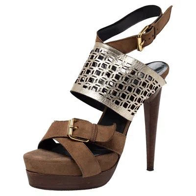 Pierre Hardy Brown Suede And Metallic Cut Out Leather Platform Slingback Sandals