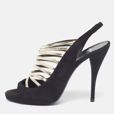 Pre-owned Pierre Hardy Size 39 Black/gold Leather And Suede Slingback Sandals