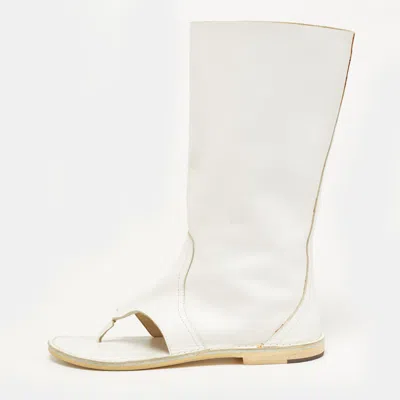 Pre-owned Pierre Hardy Size 39 White Leather Thong Cut Out Mid Calf Boots