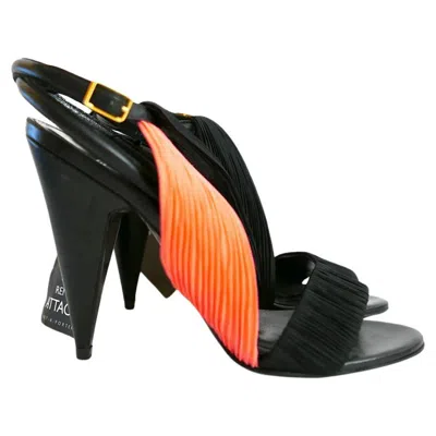 Pre-owned Pierre Hardy Women's Coral Black Ruched Heels Sandals Size 36.5 In Red