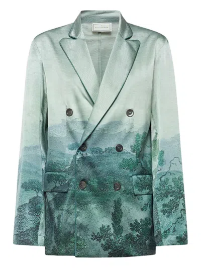 Pierre-louis Mascia Adastrgum Double-breasted Landscape-printed Jacket In Green