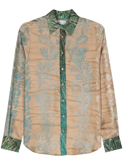 Pierre-louis Mascia Almond Beige/multicolour Floral Print Silk Shirt For Women In Green