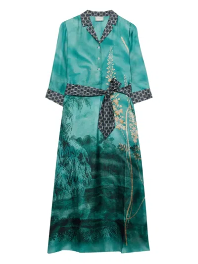 Pierre-louis Mascia Aloe Landscape-print Belted Shirt Dress In Green