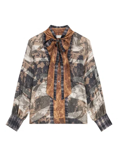 Pierre-louis Mascia Aloe Landscape-print Tie-neck Blouse In Brown