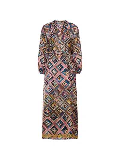 Pierre-louis Mascia Balloon-sleeve Geometric-pattern Midi Dress In Multi