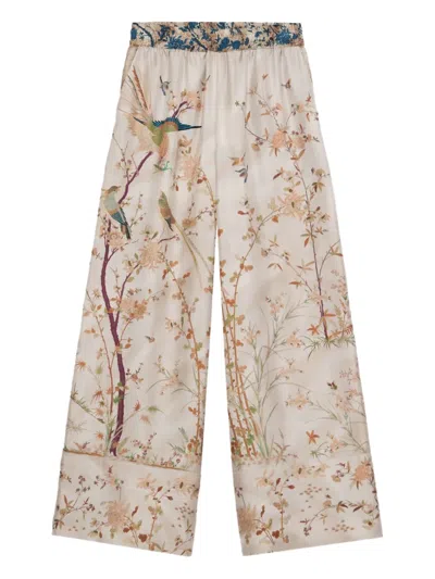 Pierre-louis Mascia Bird-print Elastic-waist Trousers In Neutral