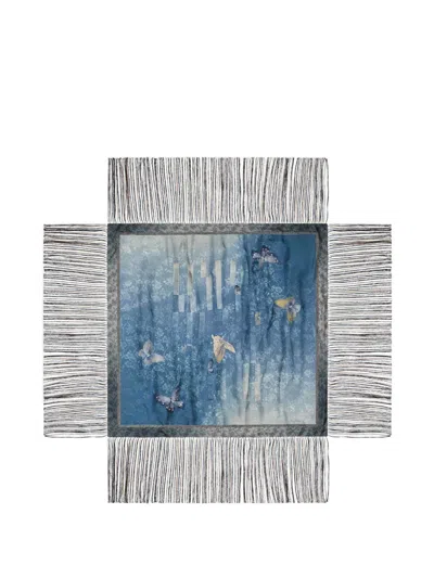 Pierre-louis Mascia Butterfly-print Fringed-hem Scarf In Blue