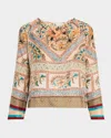 Pierre-louis Mascia Crewneck Floral-print Silk Top In Gold Multi