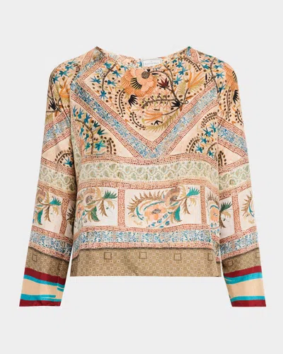 Pierre-louis Mascia Crewneck Floral-print Silk Top In Gold Multi
