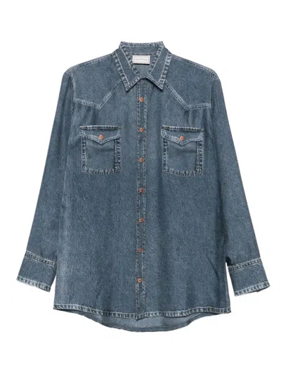 Pierre-louis Mascia Pierre Louis Mascia Denim Print Silk Shirt In Blue