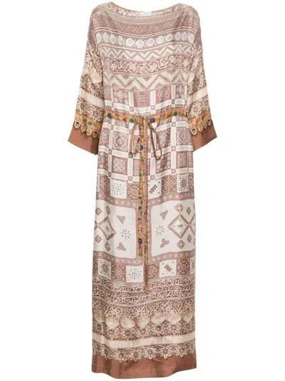 Pierre-louis Mascia Printed Silk Long Dress In Beige