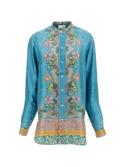 Pierre-louis Mascia Silk Tunic Shirt With Mandarin Collar In Blue