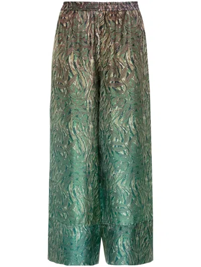 PIERRE-LOUIS MASCIA GREEN SILK LEAF PRINT WIDE LEG TROUSERS