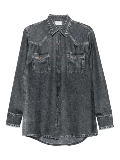 PIERRE-LOUIS MASCIA GREY DENIM-PRINT SILK SHIRT