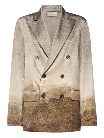 Pierre-louis Mascia Landscape-print Double-breasted Jacket In Brown