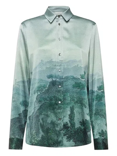 Pierre-louis Mascia Landscape-print Silk-blend Shirt In Green