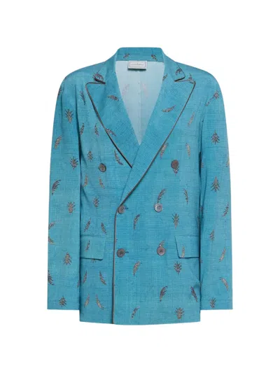 Pierre-louis Mascia Leaf-motif Double-breasted Blazer In Blue