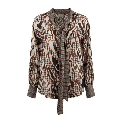 Pierre-louis Mascia Long Sleeve Houndstooth Patterned Shirt In Silk In Brown
