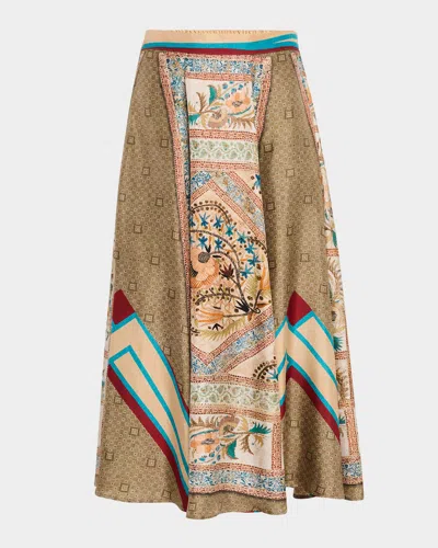 Pierre-louis Mascia Printed A-line Silk Midi Skirt In Brown