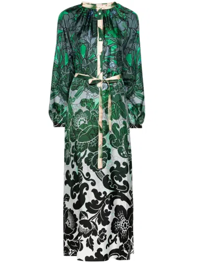 Pierre-louis Mascia Printed Silk Long Dress In Green