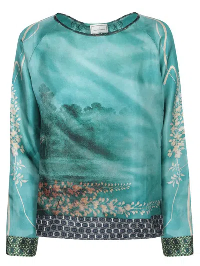 Pierre-louis Mascia Blue Top With Artistic Landscape Design