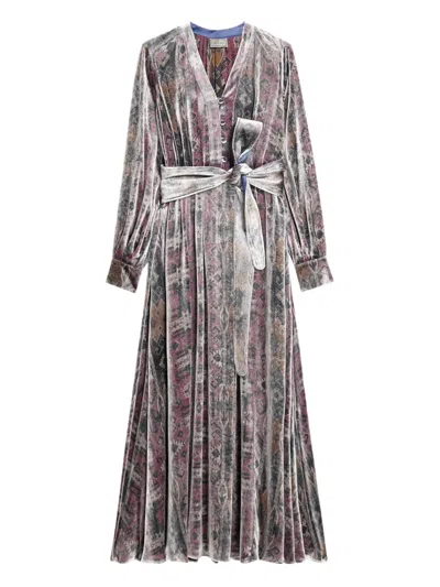 Pierre-louis Mascia Velvet Patterned Belted Midi Dress In Multi