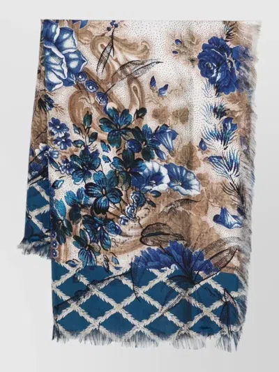 Pierre Louise Mascia Aloeuw Large Floral Pattern Fringe Scarf In Blue