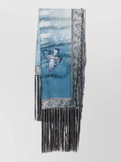 Pierre Louise Mascia Aloeuw Large Scarf Butterfly Floral Fringe In Blue