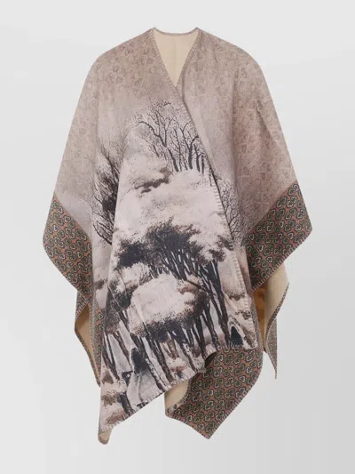 Pierre Louise Mascia Artistic Border Draped Poncho Cape In Brown