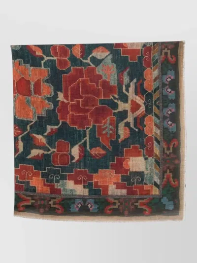 Pierre Louise Mascia Cashmere Scarf Floral Print Geometric Border