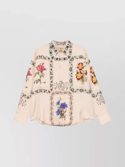 Pierre Louise Mascia Floral Print Long Sleeve Collared Top In Pink