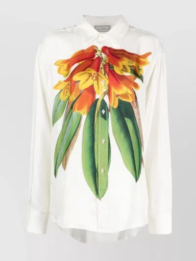 Pierre Louise Mascia Floral Print Top With Curved Hem And Long Sleeves In White