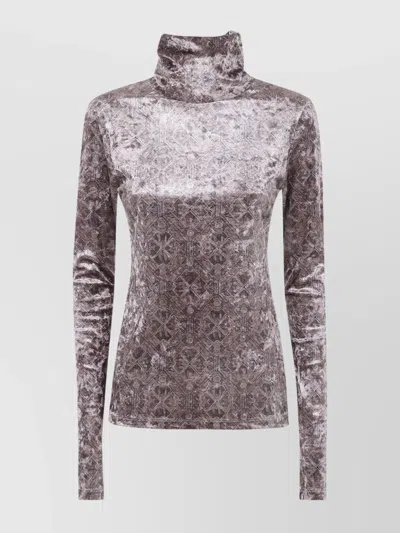 Pierre Louise Mascia Geometric Velvet Turtleneck Slim Fit Top In Silver