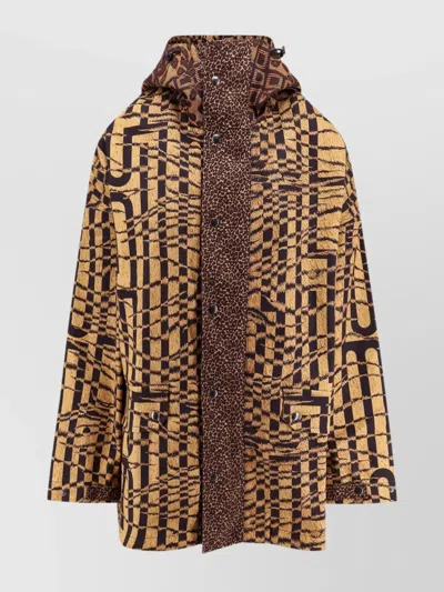 Pierre Louise Mascia Hooded Jacket With Mixed Patterns And Pockets In Brown