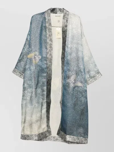 Pierre Louise Mascia Kimono Jacket Contrast Trim Floral Pattern In Blue