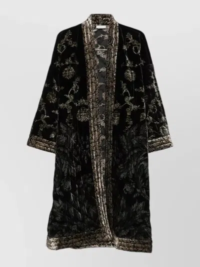 Pierre Louise Mascia Long Coat Contrast Trim Embroidered Floral Maxi In Black