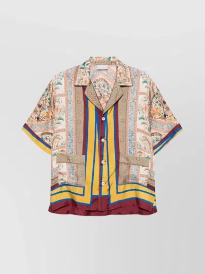 Pierre Louise Mascia Short Sleeve Patterned Camp Collar Top In Pink