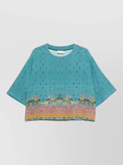 Pierre Louise Mascia Silk Blouse Cropped Relaxed Floral Border In Blue