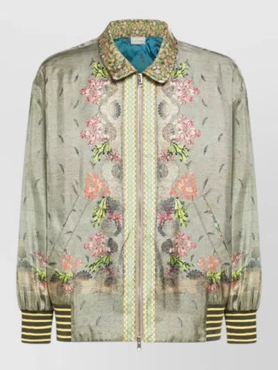 Pierre Louise Mascia Silk Bomber Jacket Floral Print Collar In Green