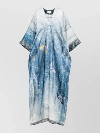 Pierre Louise Mascia Silk Dress Butterfly Print Kimono Sleeves In Blue