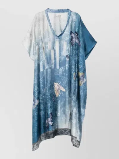 Pierre Louise Mascia Silk Kaftan Floral Butterfly Motif In Blue