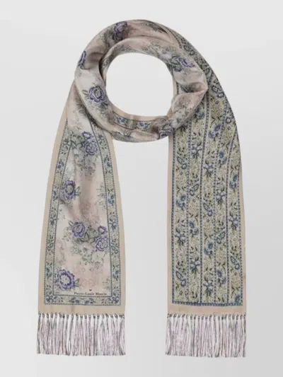 Pierre Louise Mascia Silk Scarf Floral Pattern Fringe Rectangular