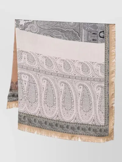 Pierre Louise Mascia Silk Scarf Paisley Pattern Fringed Edges In Neutral