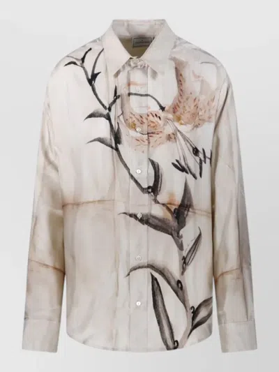 Pierre Louise Mascia Silk Shirt Artistic Print Collared Neck In Neutral