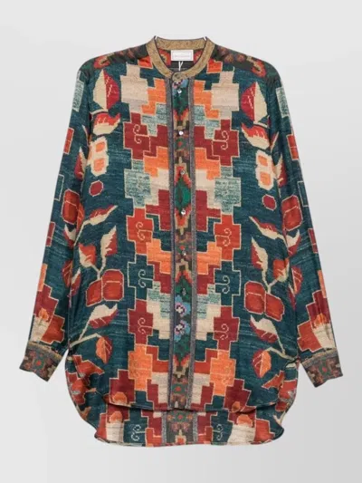 Pierre Louise Mascia Silk Shirt Band Collar Buttoned Cuffs In Multi
