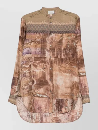 Pierre Louise Mascia Silk Shirt Band Collar Longline Style In Brown