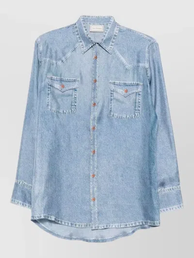 Pierre Louise Mascia Silk Shirt Curved Hem Yoke Chest Pockets In Blue